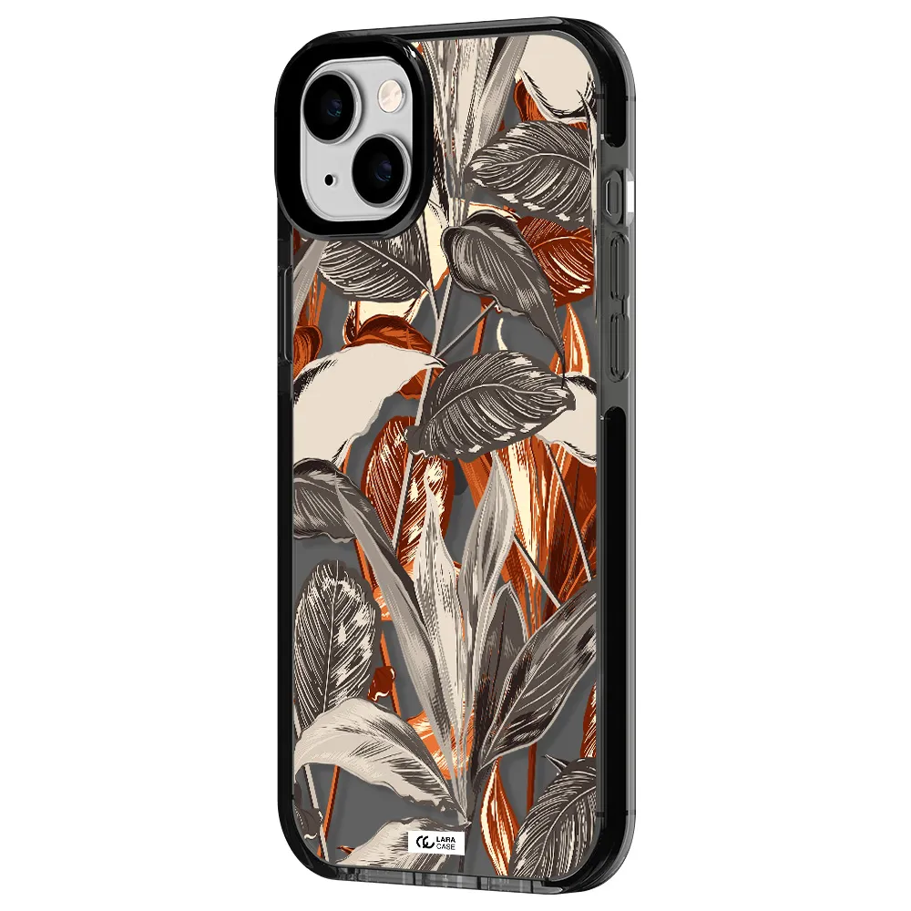 Brown Tropical Leaves Apple iPhone 14 plus impact Smoke Black Case