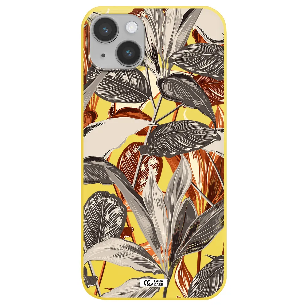 Brown Tropical Leaves Apple iPhone 14 plus Silicone canary yellow Case