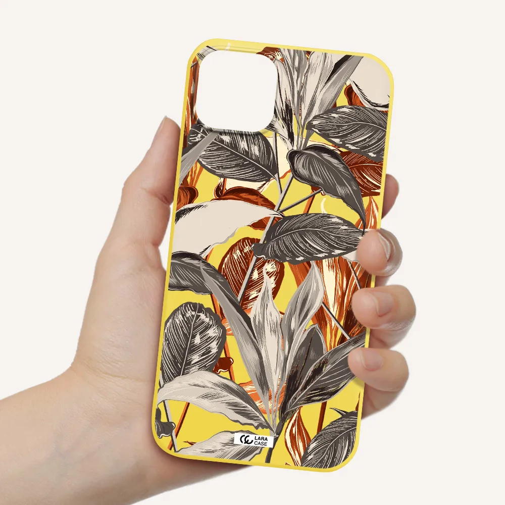 Brown Tropical Leaves Apple iPhone 14 plus Silicone canary yellow Case