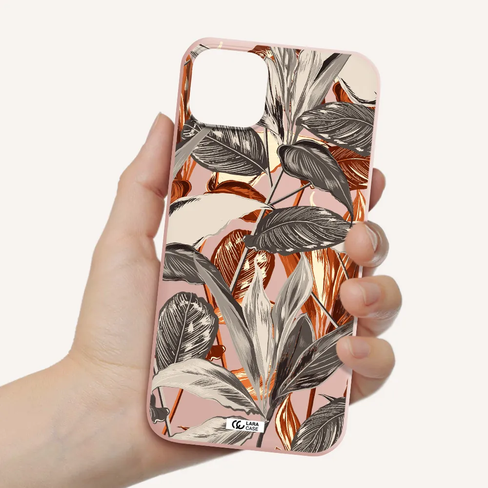 Brown Tropical Leaves Apple iPhone 14 plus Silicone pastel pink Case