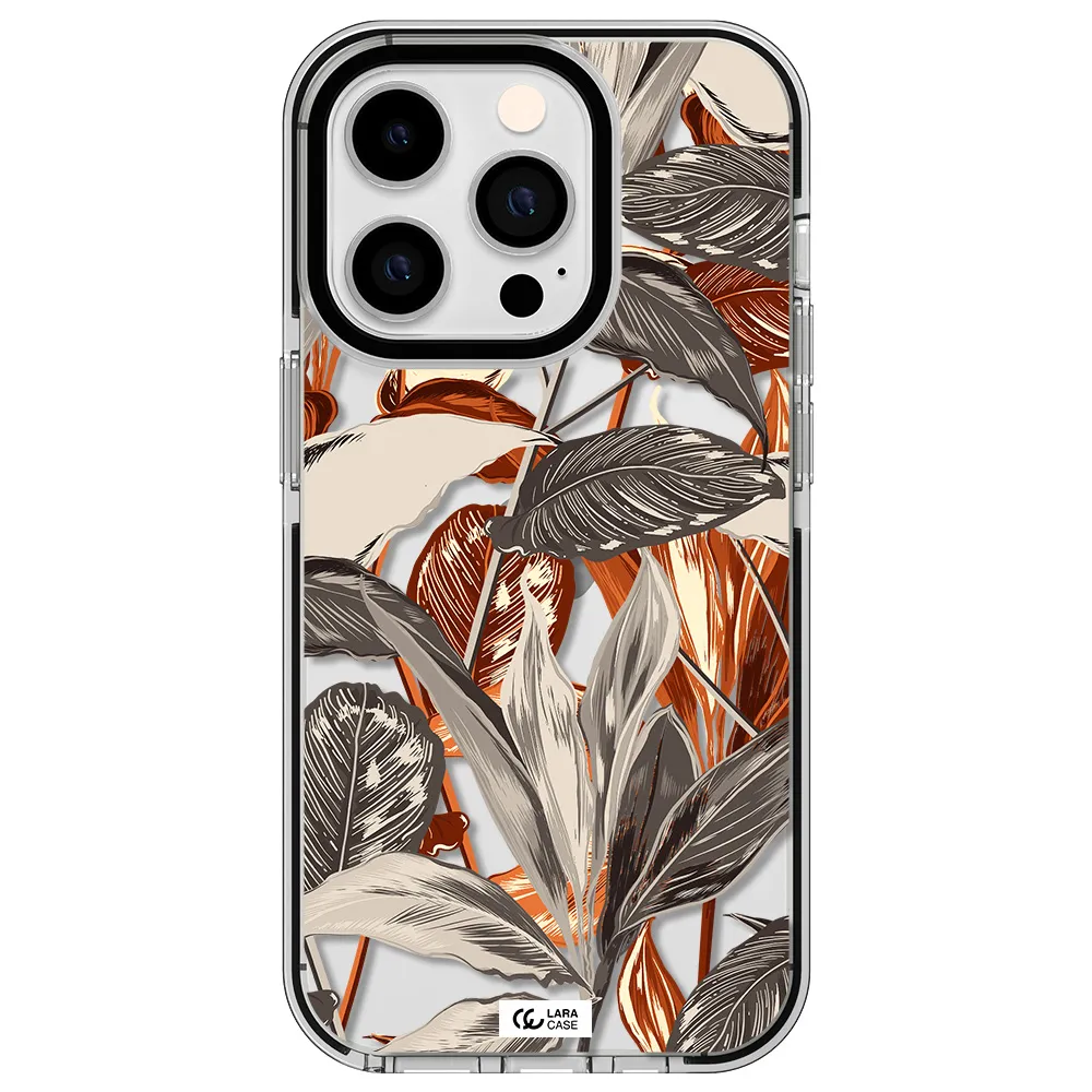 Brown Tropical Leaves Apple iPhone 14 pro impact black border Case