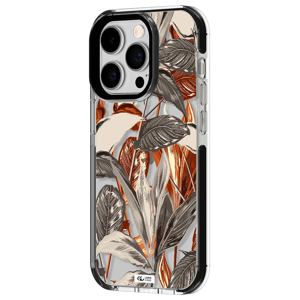 Brown Tropical Leaves Apple iPhone 14 pro impact black border Case