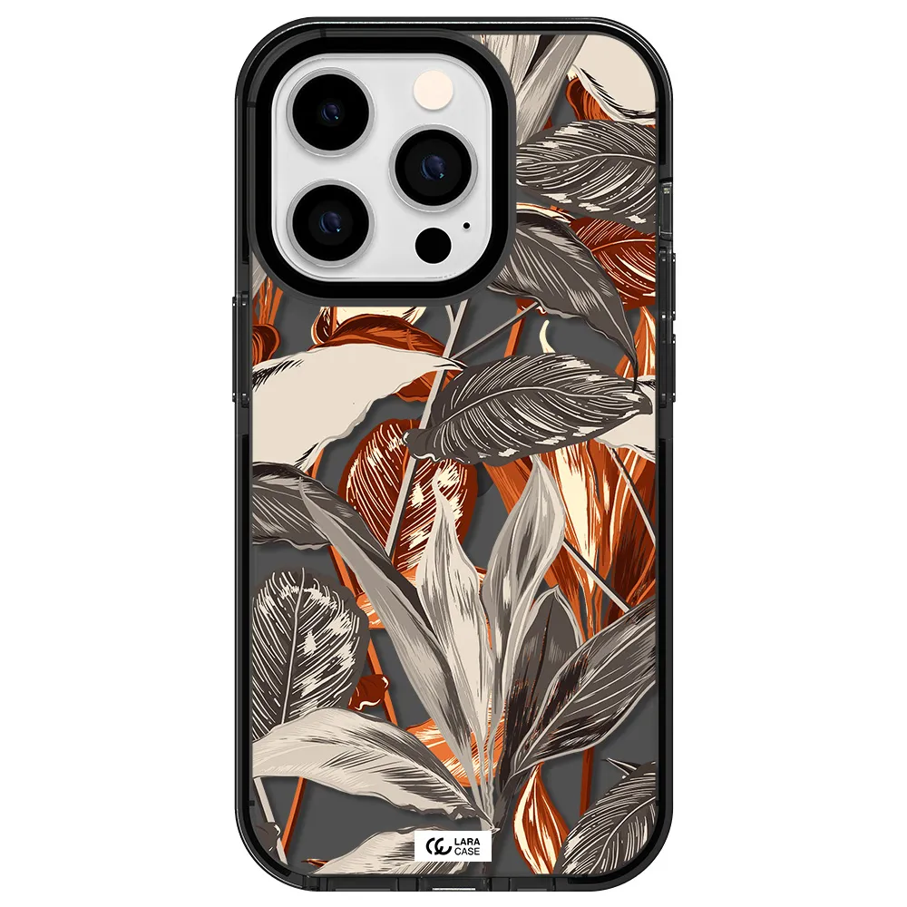 Brown Tropical Leaves Apple iPhone 14 pro impact Smoke Black Case