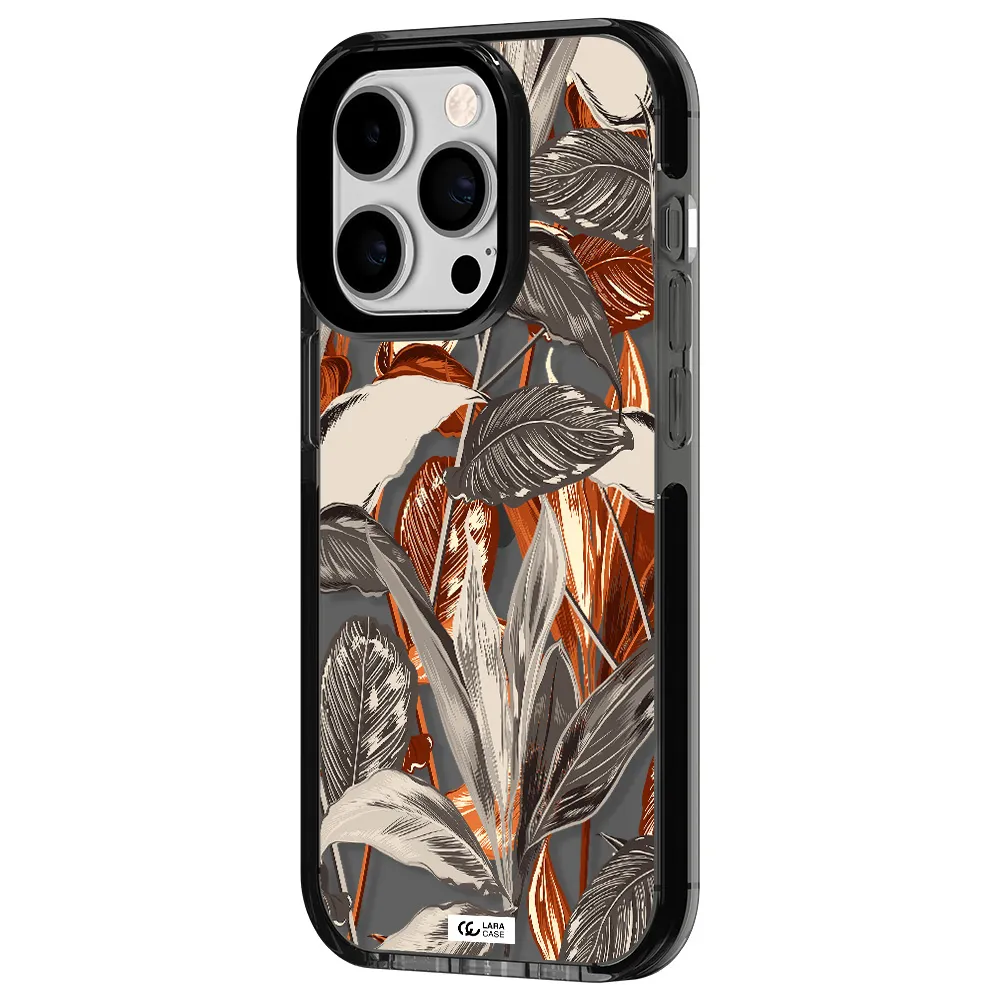 Brown Tropical Leaves Apple iPhone 14 pro impact Smoke Black Case