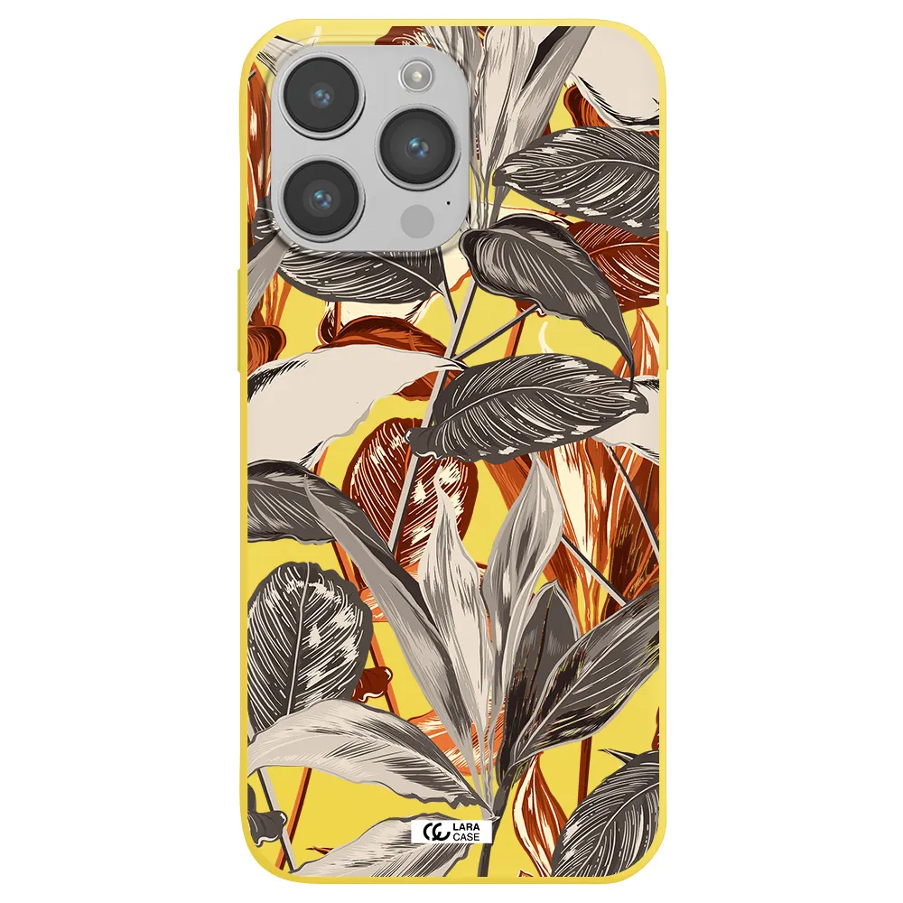 Brown Tropical Leaves Apple iPhone 14 pro max Silicone canary yellow Case