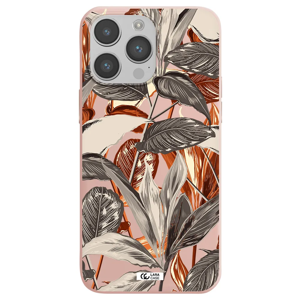 Brown Tropical Leaves Apple iPhone 14 pro max Silicone pastel pink Case