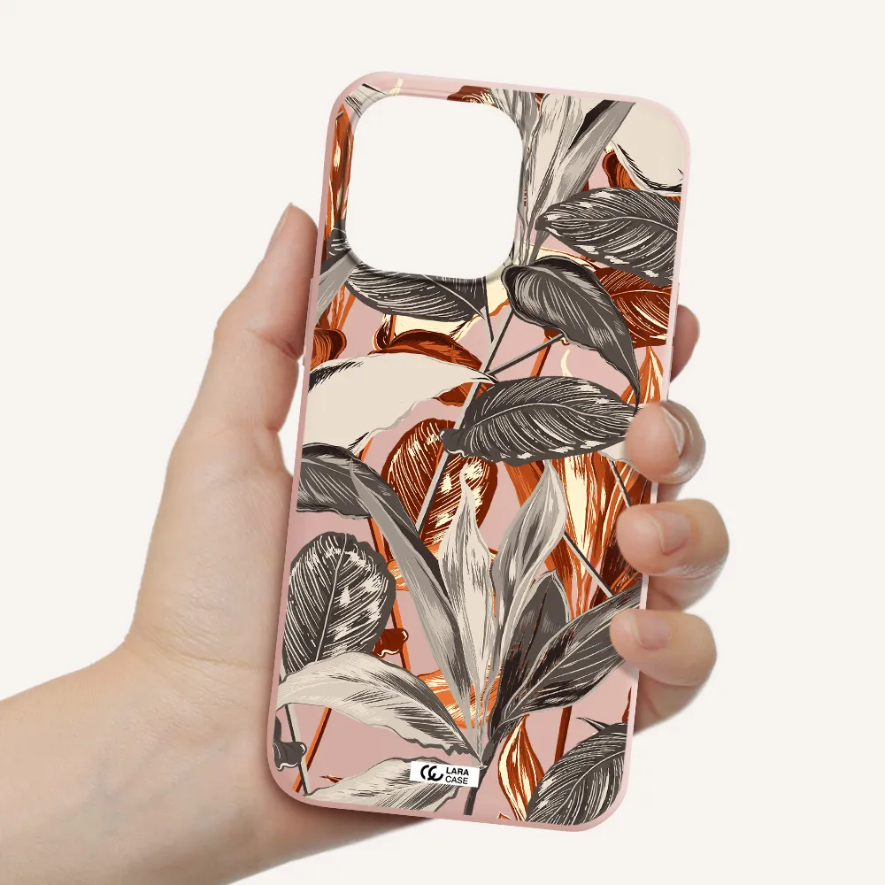 Brown Tropical Leaves Apple iPhone 14 pro max Silicone pastel pink Case