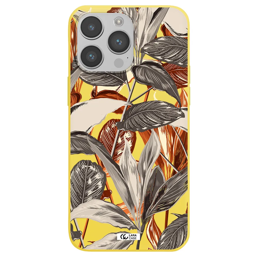 Brown Tropical Leaves Apple iPhone 14 pro Silicone canary yellow Case