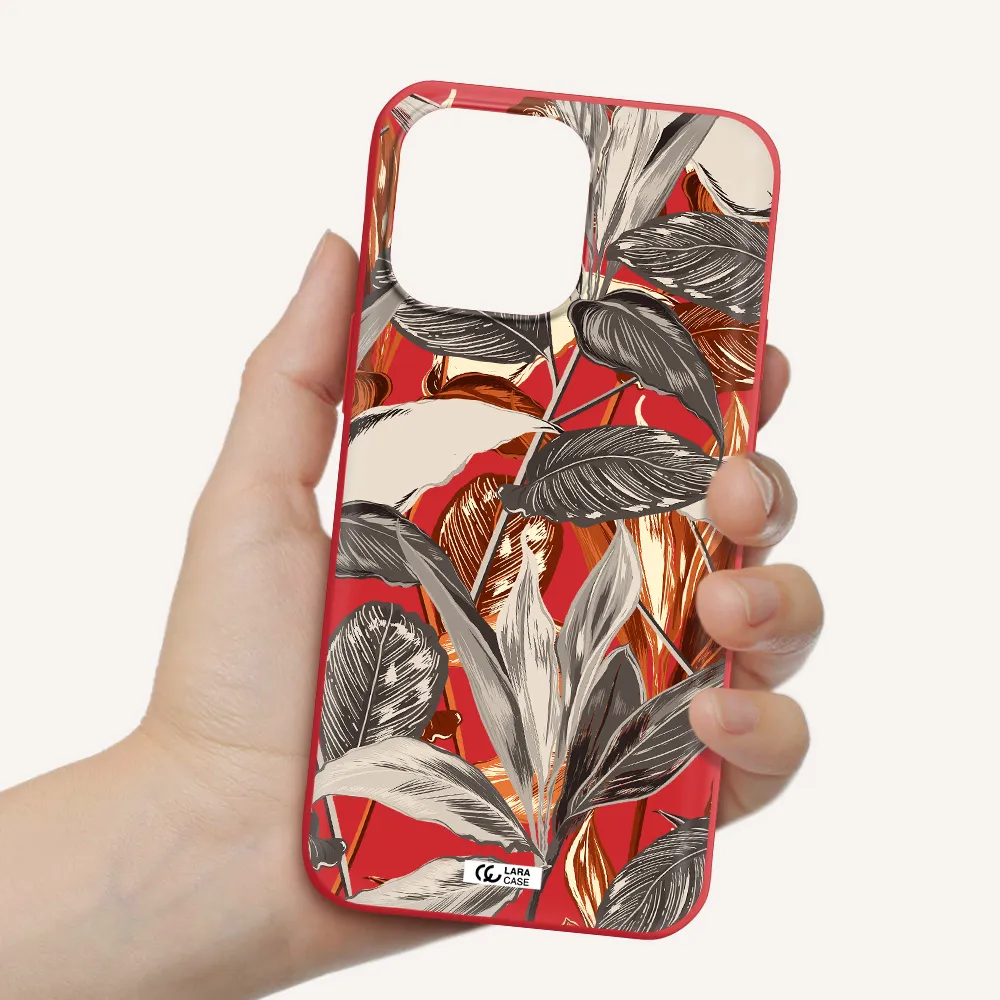 Brown Tropical Leaves Apple iPhone 14 pro Silicone Imperial Red Case