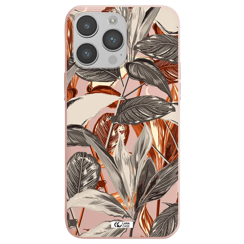 Brown Tropical Leaves Apple iPhone 14 pro Silicone pastel pink Case