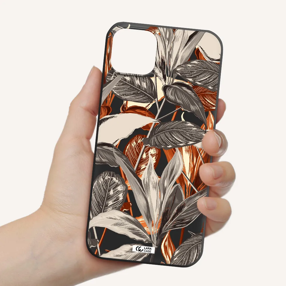 Brown Tropical Leaves Apple iPhone 14 Silicone black Case