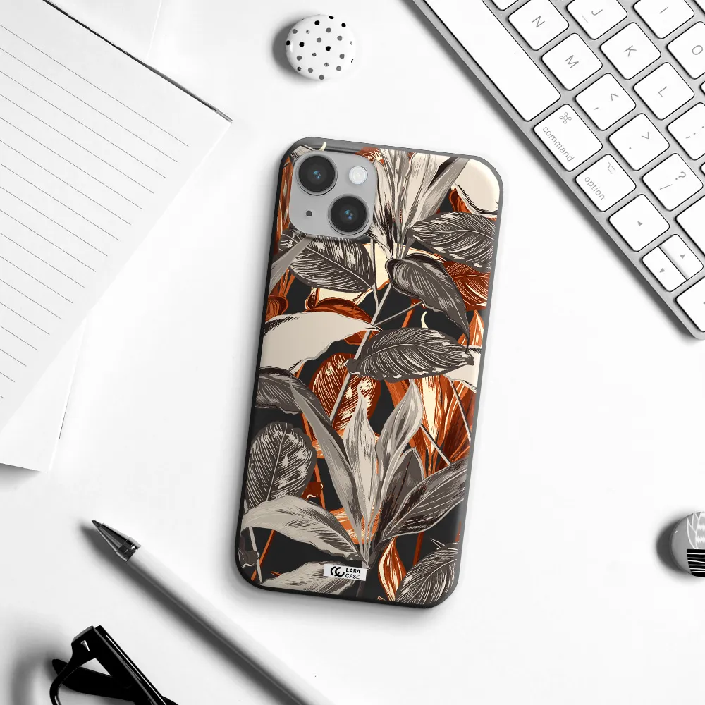 Brown Tropical Leaves Apple iPhone 14 Silicone black Case
