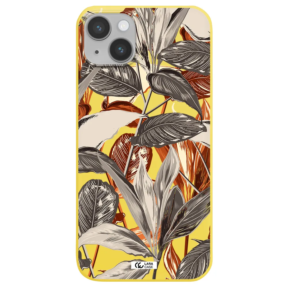 Brown Tropical Leaves Apple iPhone 14 Silicone canary yellow Case