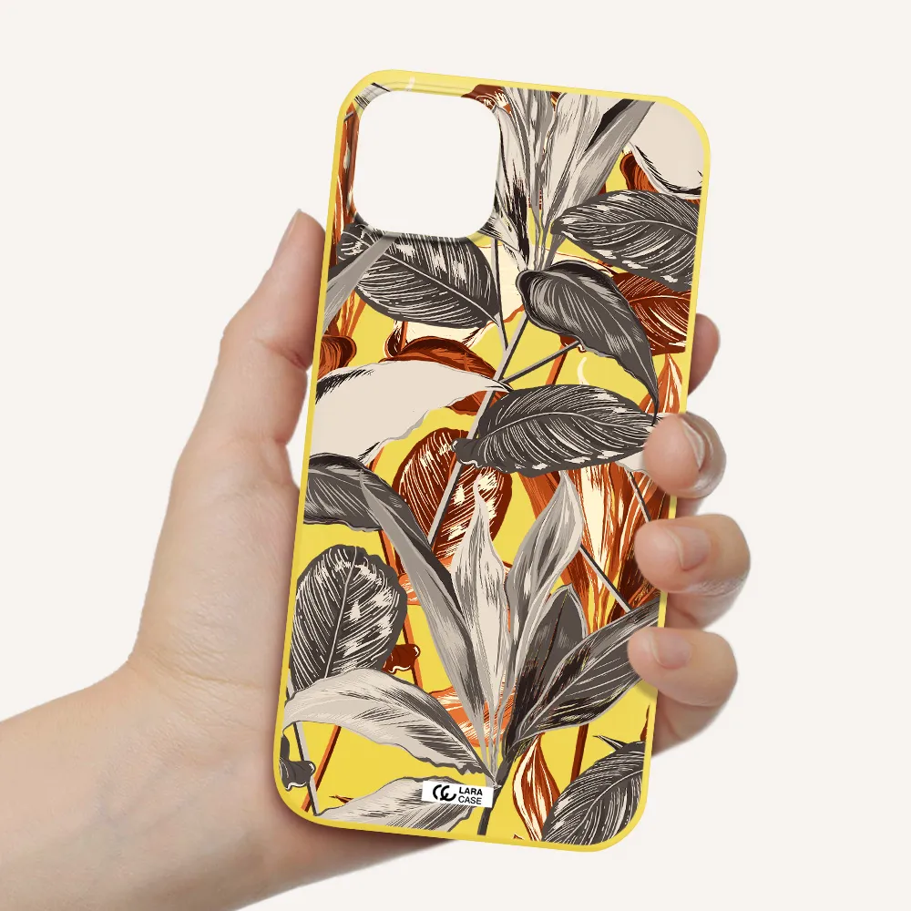 Brown Tropical Leaves Apple iPhone 14 Silicone canary yellow Case