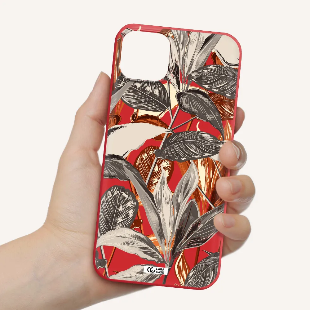 Brown Tropical Leaves Apple iPhone 14 Silicone Imperial Red Case