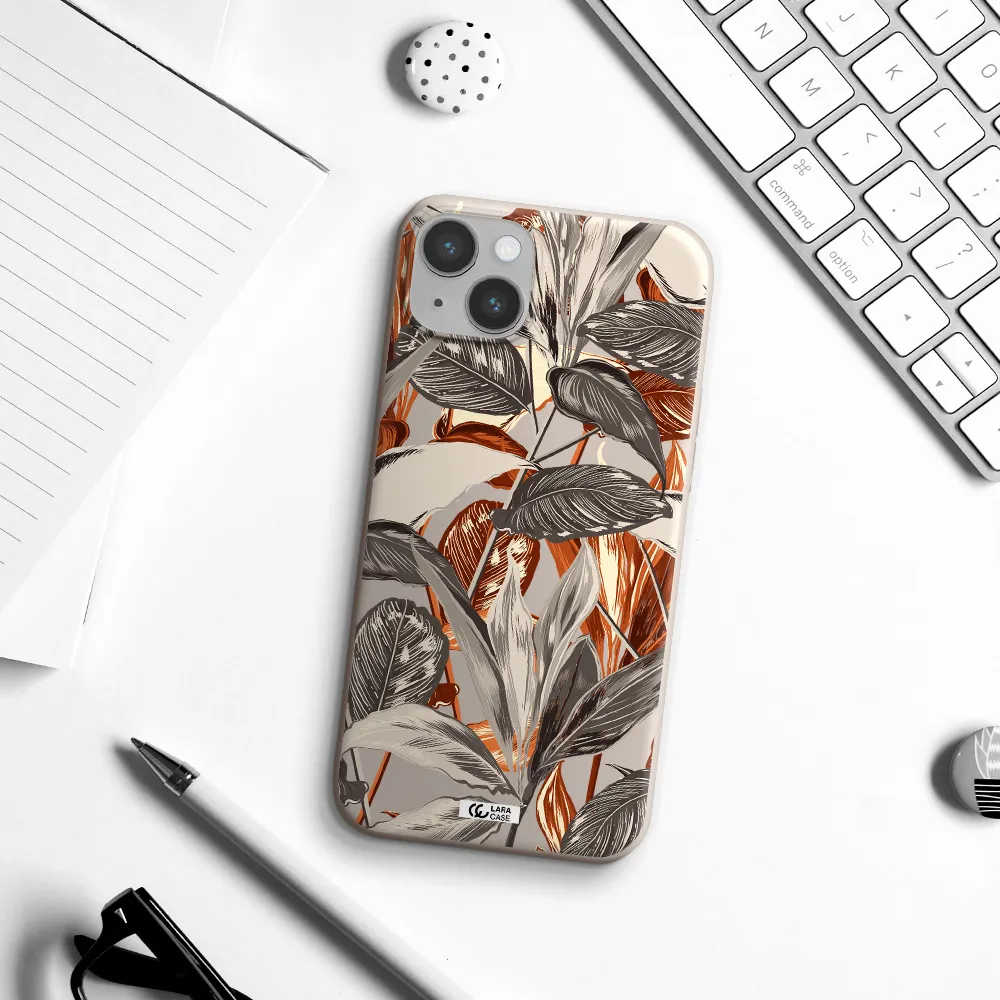 Brown Tropical Leaves Apple iPhone 14 Silicone Stone Case