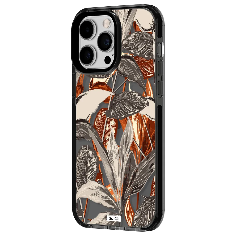 Brown Tropical Leaves Apple iPhone 15 Pro impact Smoke Black Case