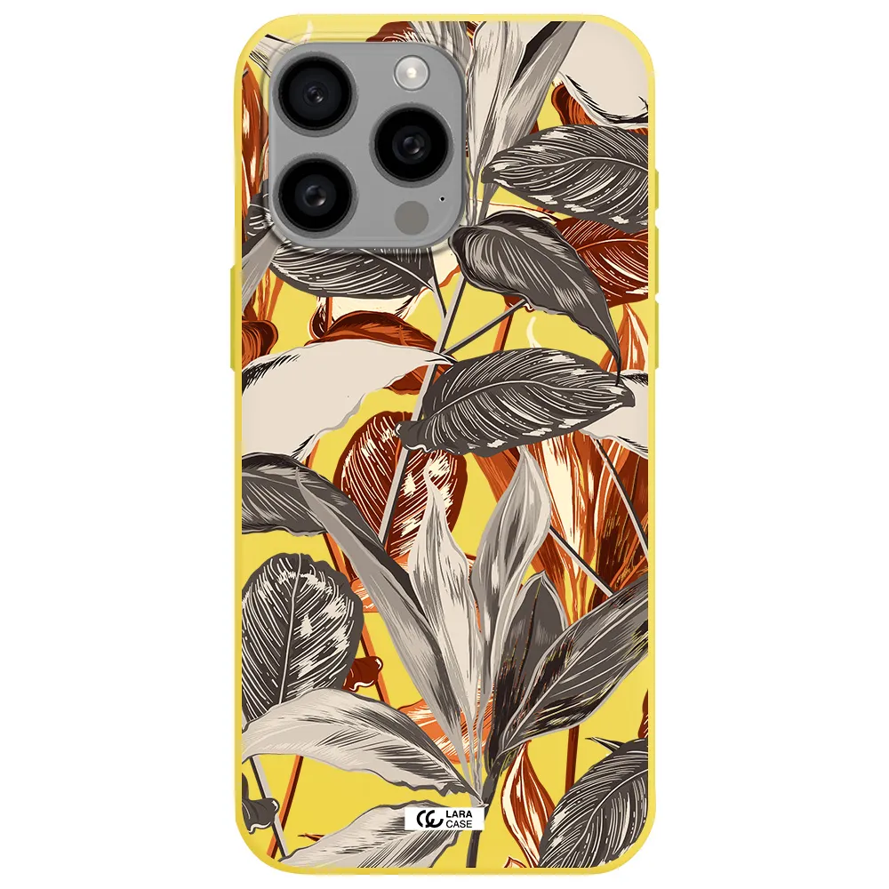 Brown Tropical Leaves Apple Iphone 15 Pro max Silicone canary yellow Case