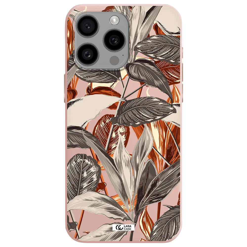 Brown Tropical Leaves Apple Iphone 15 Pro max Silicone pastel pink Case