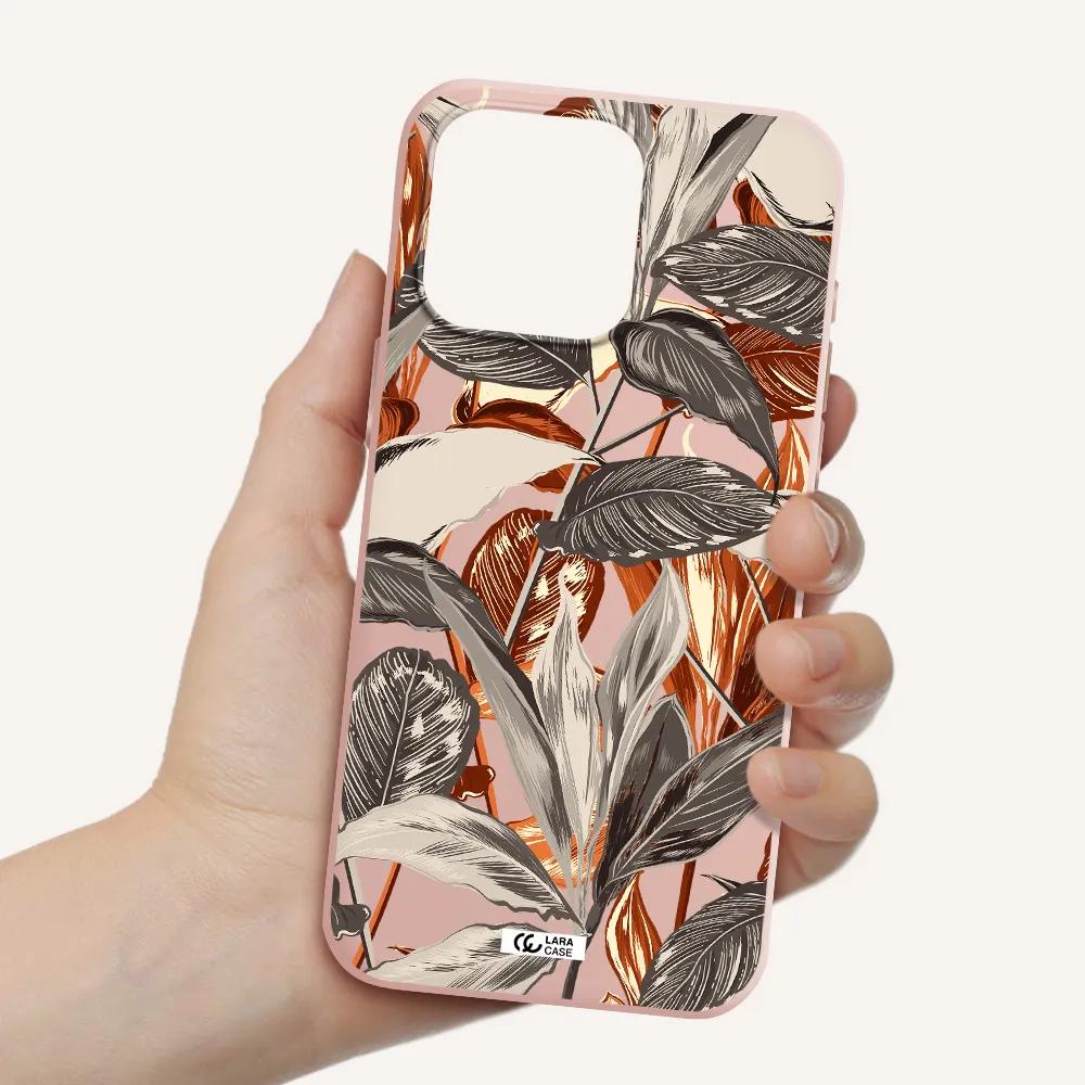 Brown Tropical Leaves Apple Iphone 15 Pro max Silicone pastel pink Case