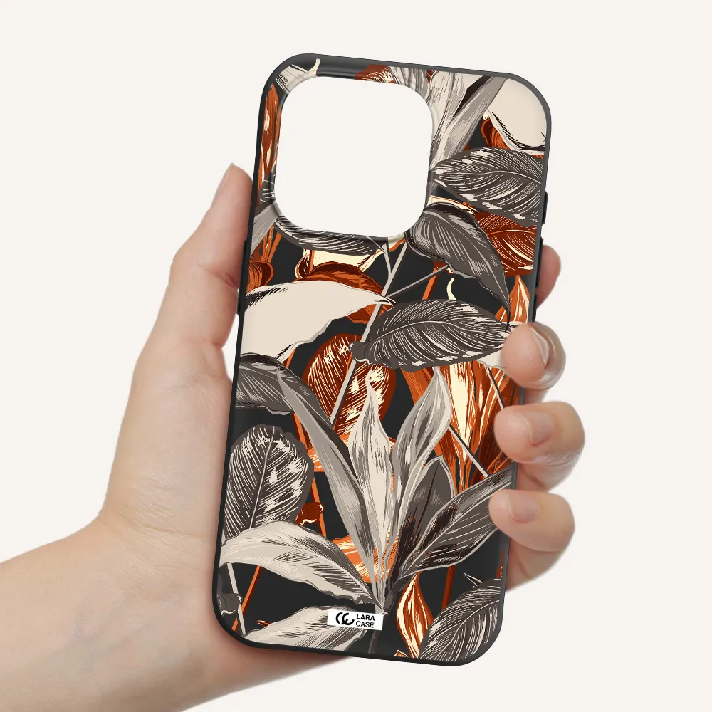Brown Tropical Leaves Apple Iphone 15 Pro Silicone Black Case