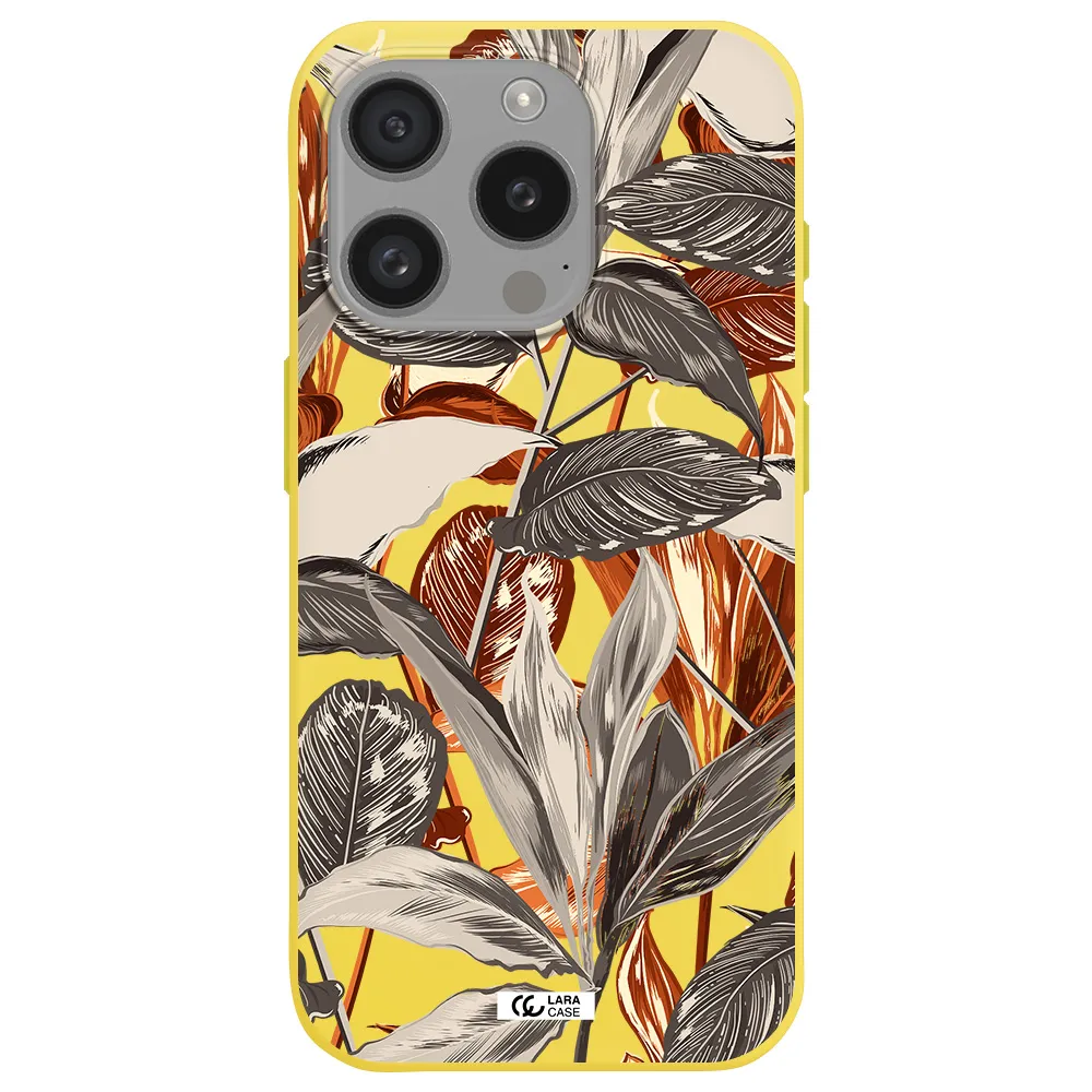Brown Tropical Leaves Apple Iphone 15 Pro Silicone Canary Yellow Case