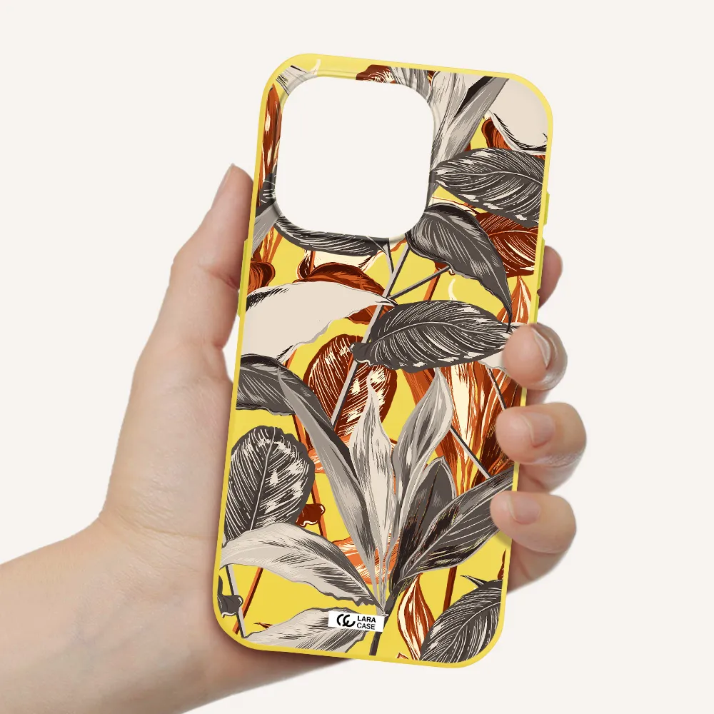 Brown Tropical Leaves Apple Iphone 15 Pro Silicone Canary Yellow Case