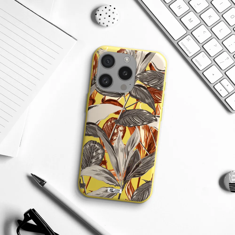 Brown Tropical Leaves Apple Iphone 15 Pro Silicone Canary Yellow Case