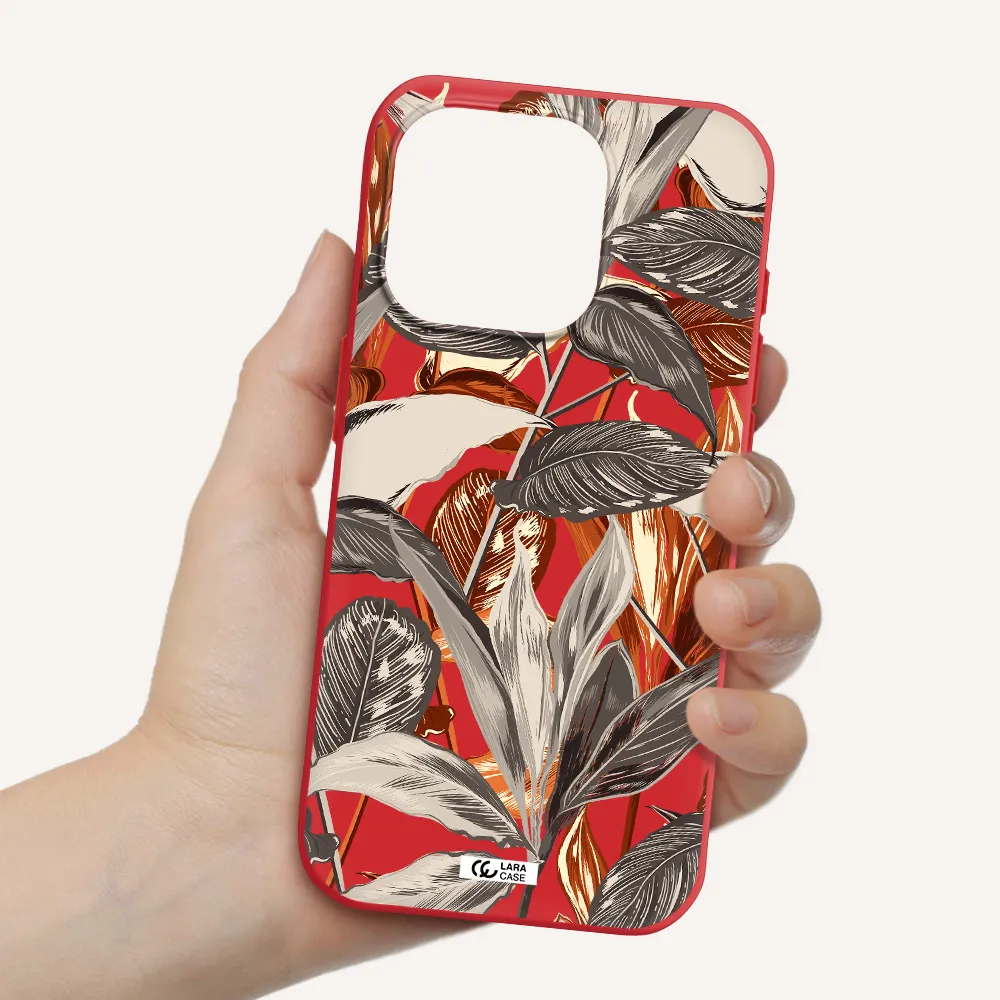 Brown Tropical Leaves Apple Iphone 15 Pro Silicone Imperial Red Case