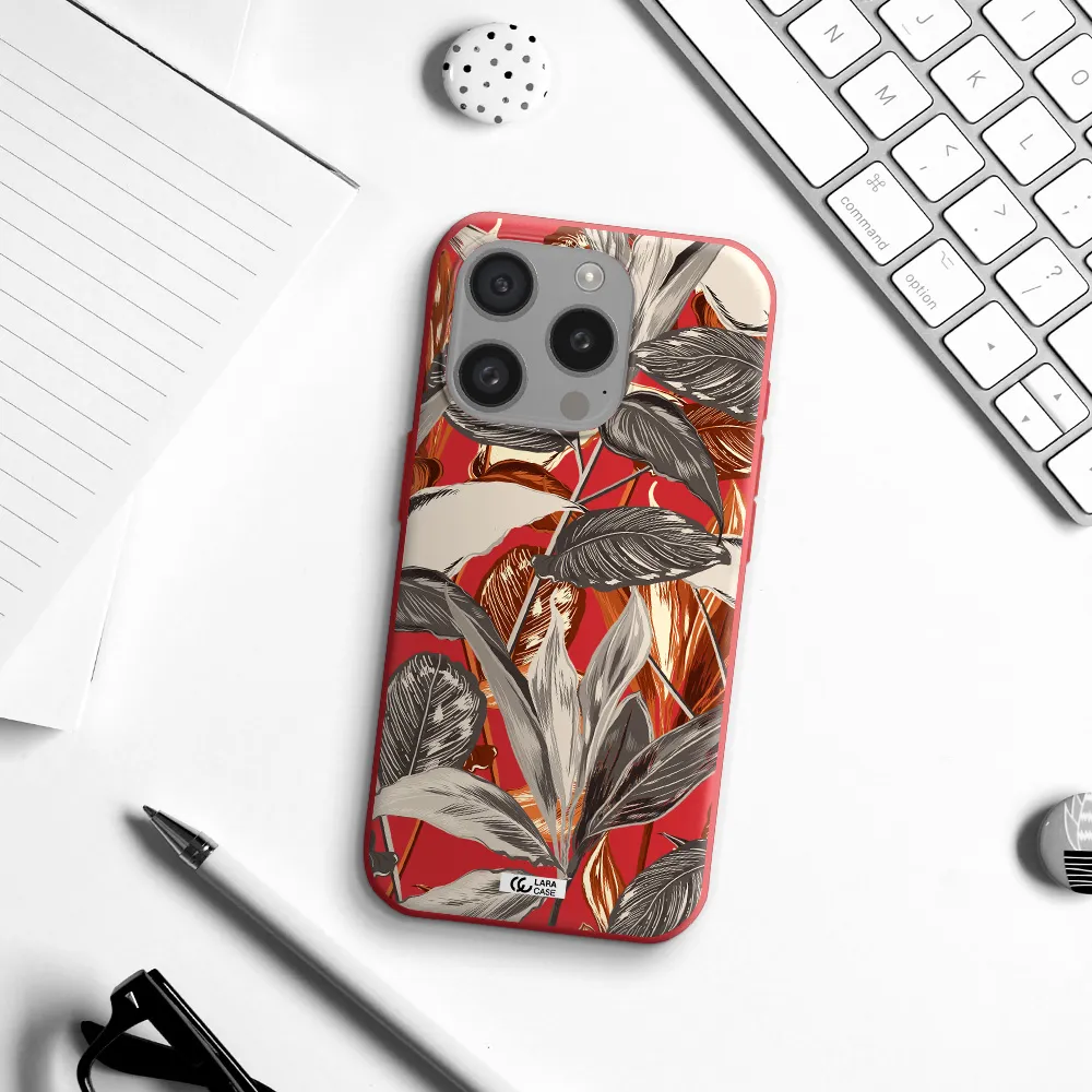 Brown Tropical Leaves Apple Iphone 15 Pro Silicone Imperial Red Case