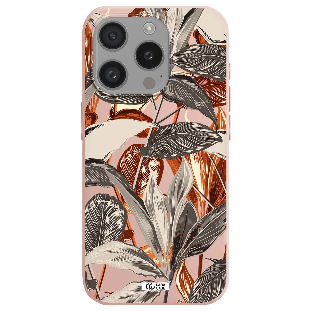 Brown Tropical Leaves Apple Iphone 15 Pro Silicone Pastel Pink Case