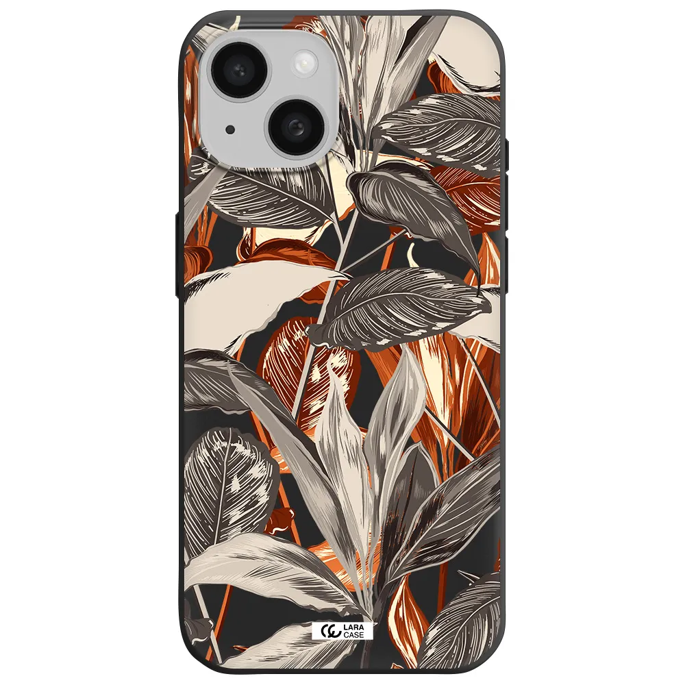 Brown Tropical Leaves Apple iPhone 15 Silicone black Case