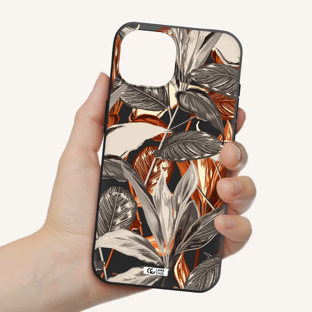Brown Tropical Leaves Apple iPhone 15 Silicone black Case