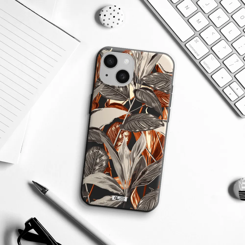 Brown Tropical Leaves Apple iPhone 15 Silicone black Case