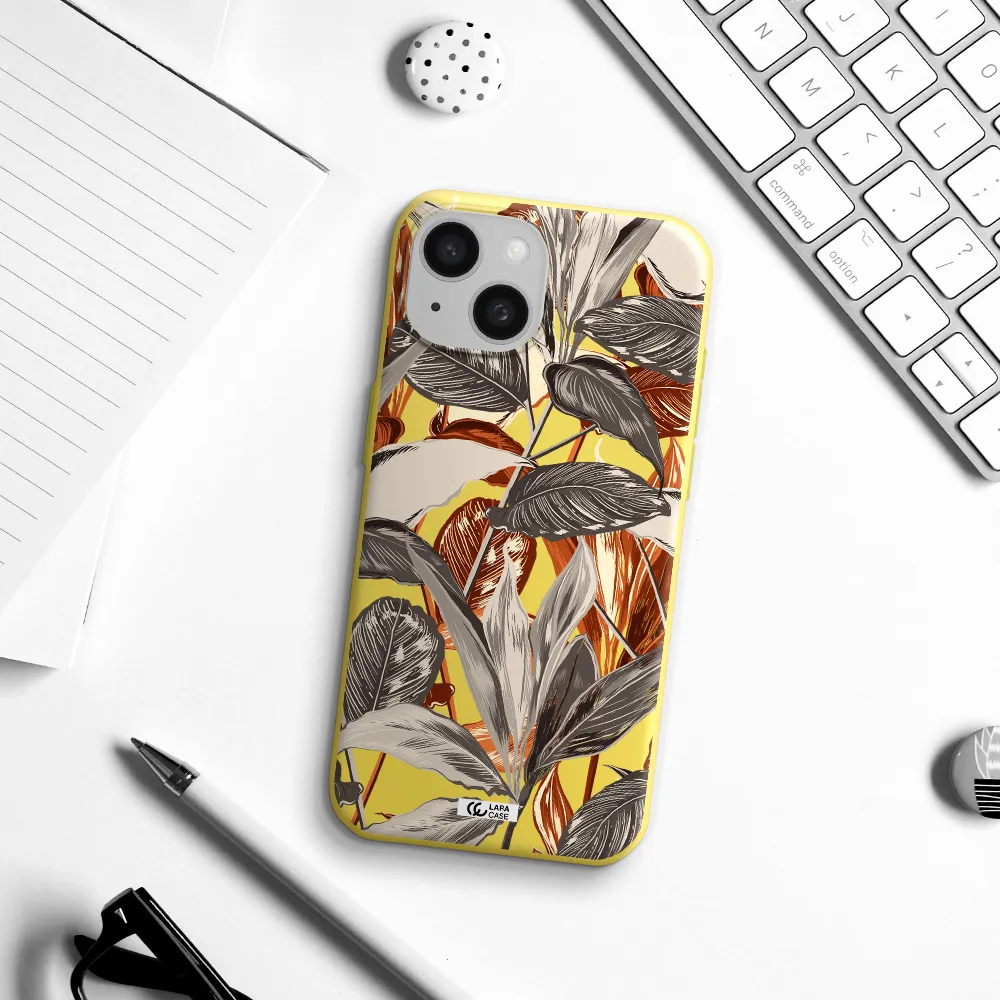 Brown Tropical Leaves Apple iPhone 15 Silicone canary yellow Case