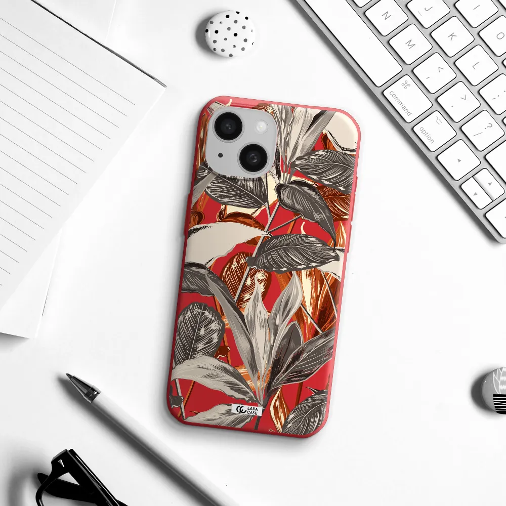 Brown Tropical Leaves Apple Iphone 15 Silicone Imperial Red Case