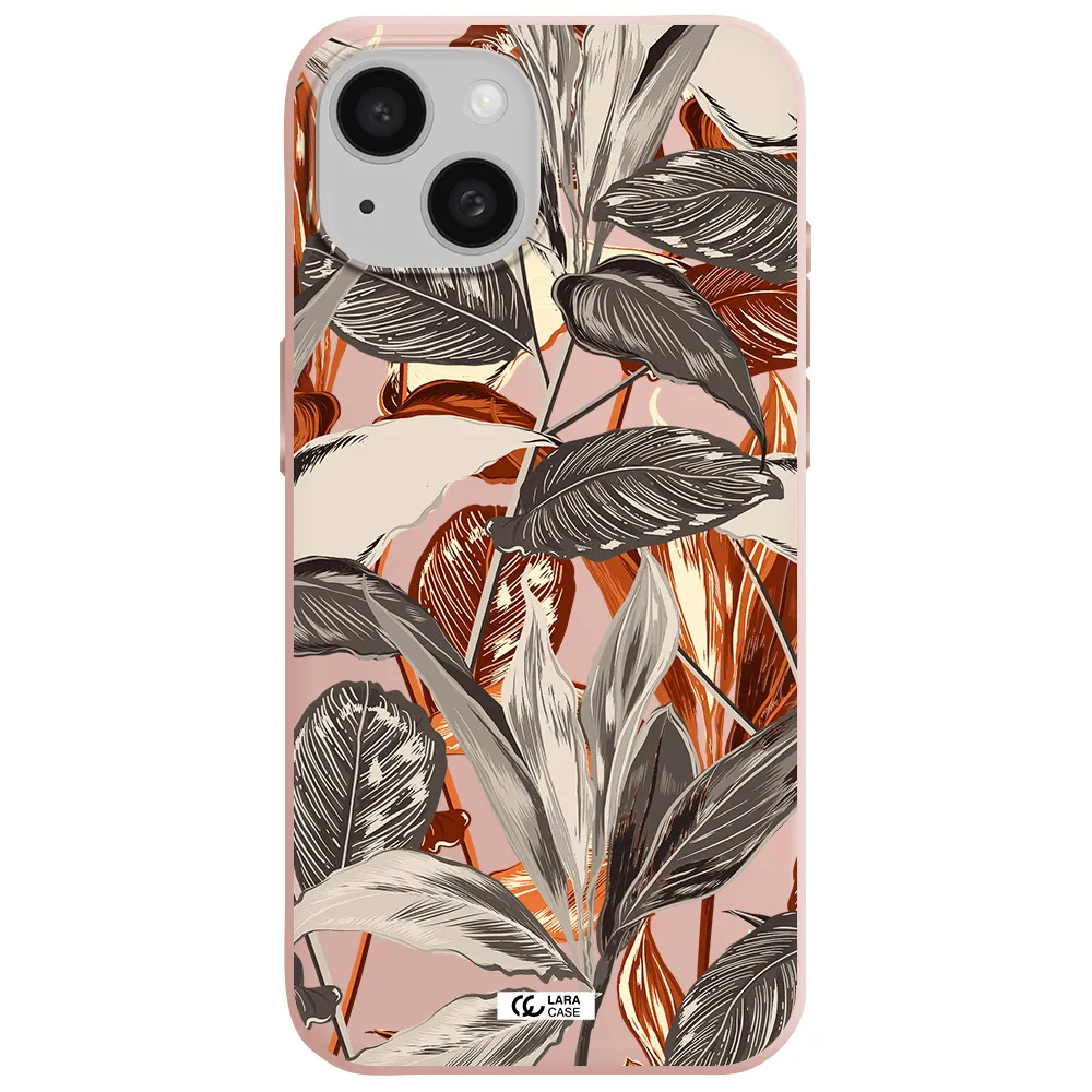 Brown Tropical Leaves Apple Iphone 15 Silicone Pastel Pink Case