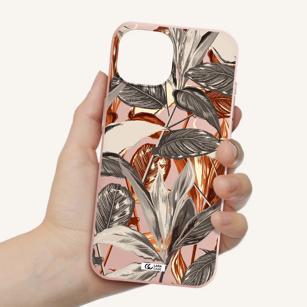Brown Tropical Leaves Apple Iphone 15 Silicone Pastel Pink Case