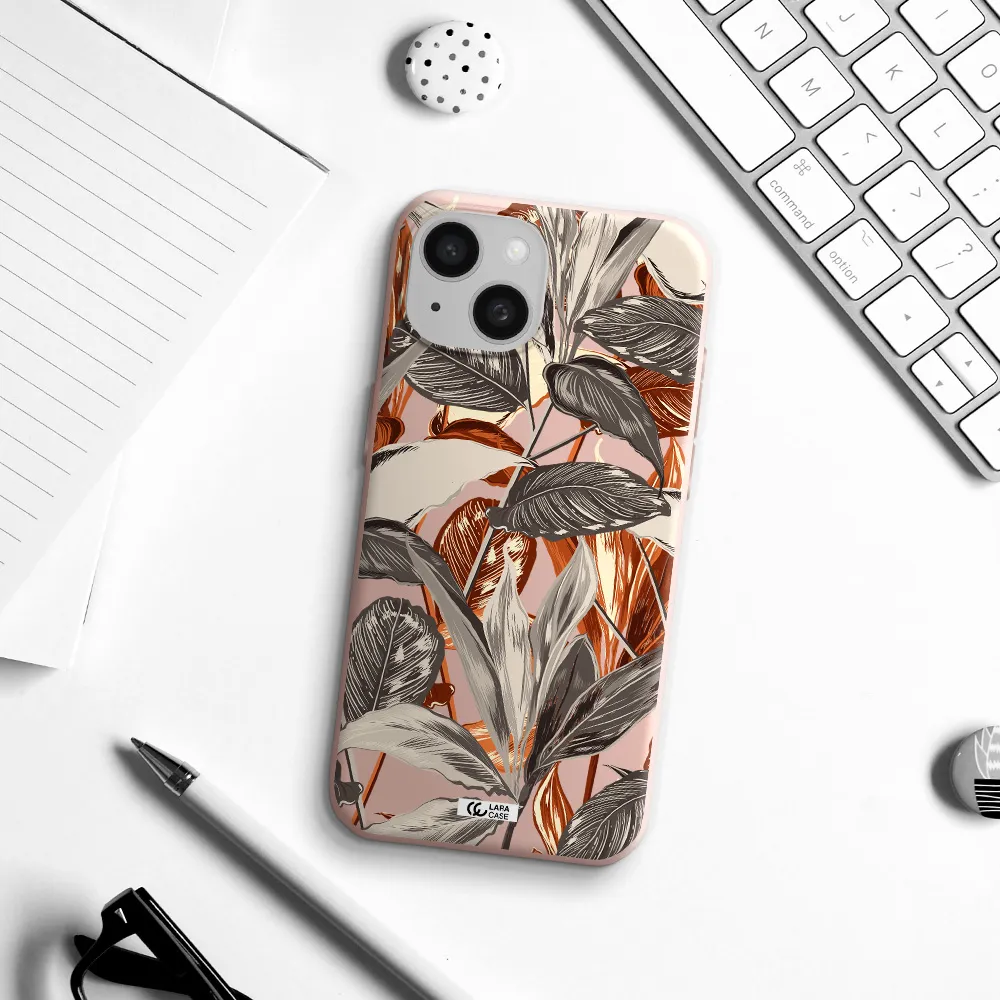 Brown Tropical Leaves Apple Iphone 15 Silicone Pastel Pink Case