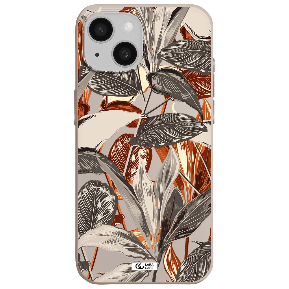 Brown Tropical Leaves Apple iPhone 15 Silicone Stone Case