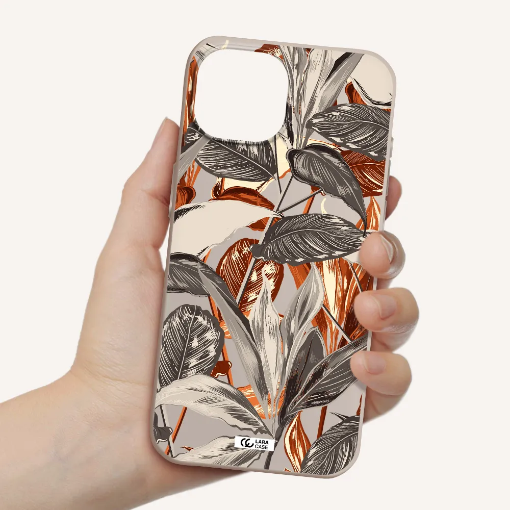 Brown Tropical Leaves Apple iPhone 15 Silicone Stone Case