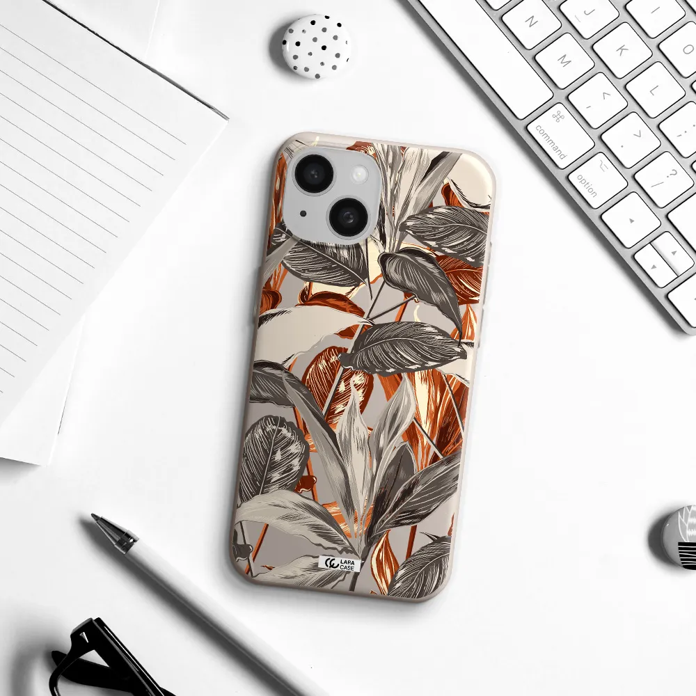Brown Tropical Leaves Apple iPhone 15 Silicone Stone Case