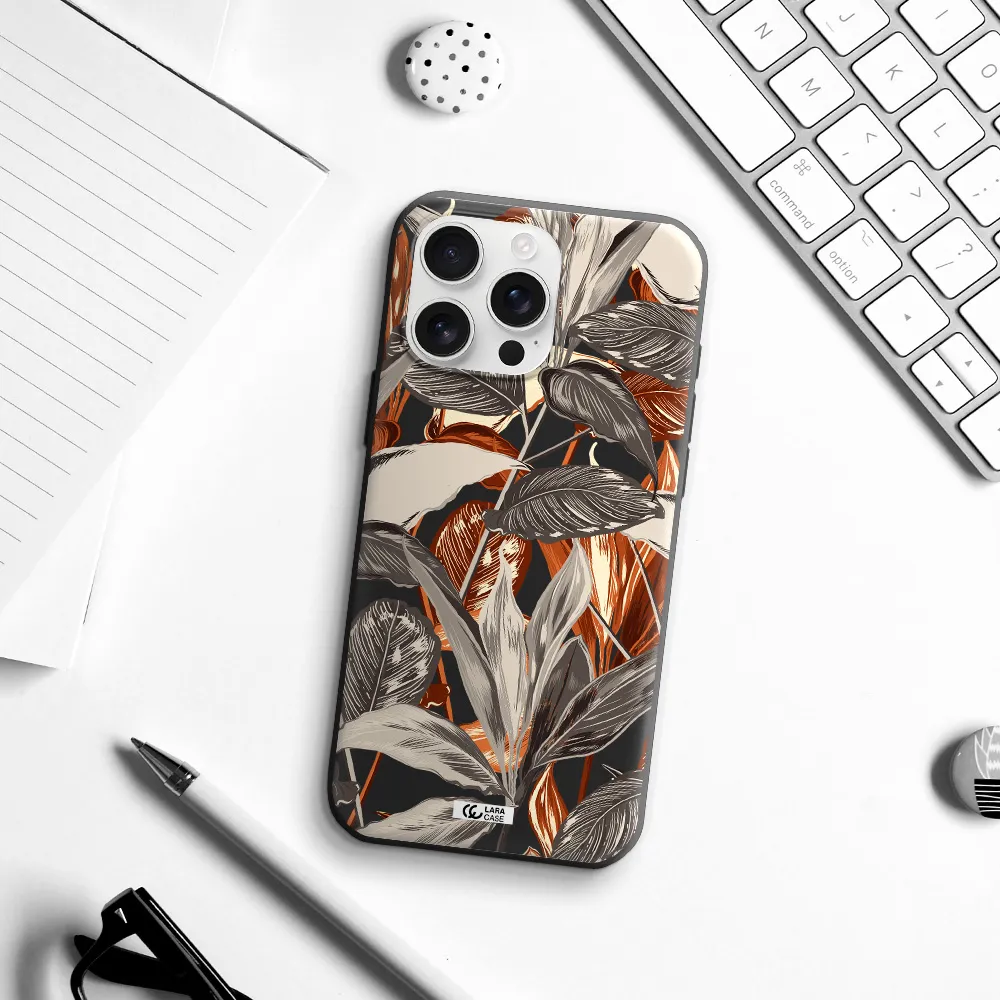 Brown Tropical Leaves Apple Iphone 16 Pro Max Silicone Black Case
