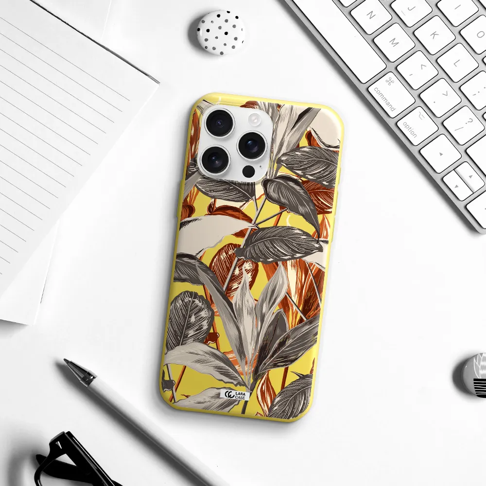 Brown Tropical Leaves Apple Iphone 16 Pro Max Silicone Canary Yellow Case