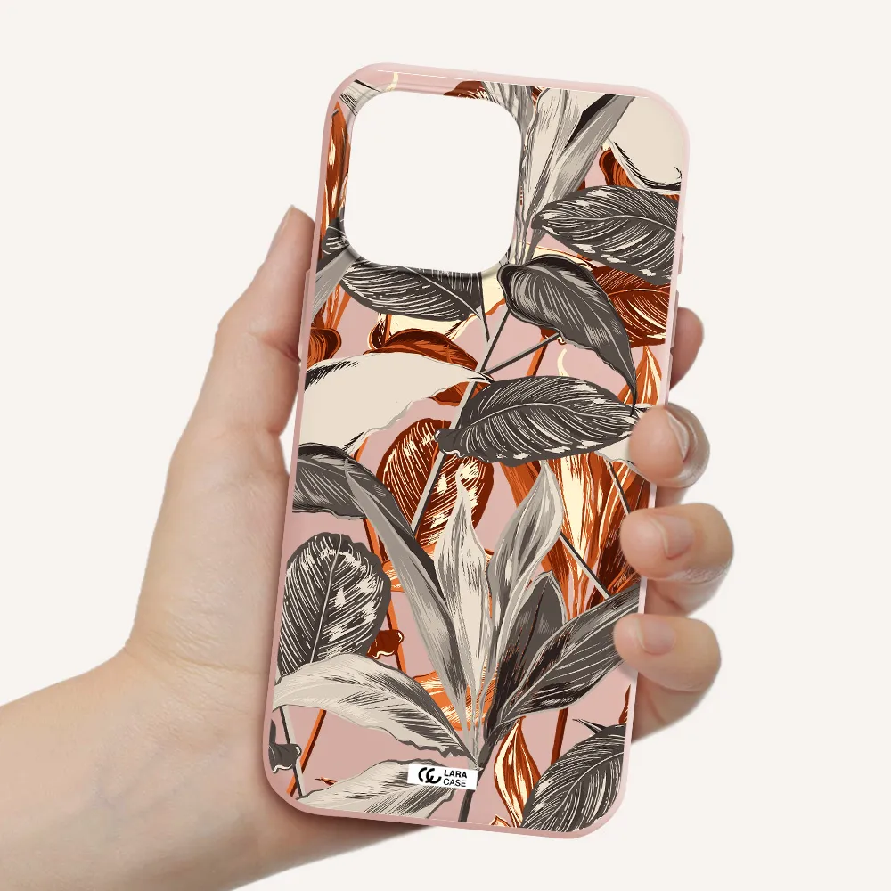 Brown Tropical Leaves Apple Iphone 16 Pro Max Silicone Pastel Pink Case