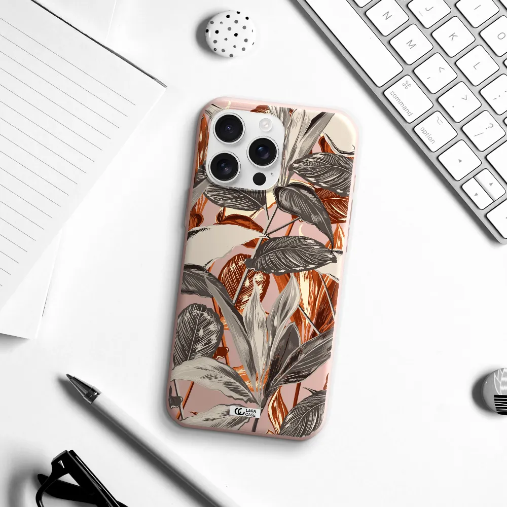 Brown Tropical Leaves Apple Iphone 16 Pro Max Silicone Pastel Pink Case