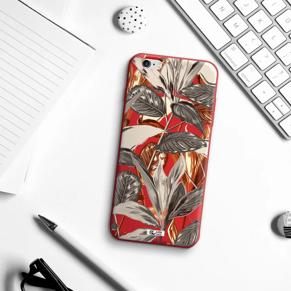 Brown Tropical Leaves Apple iPhone 6S Silicone Imperial Red Case