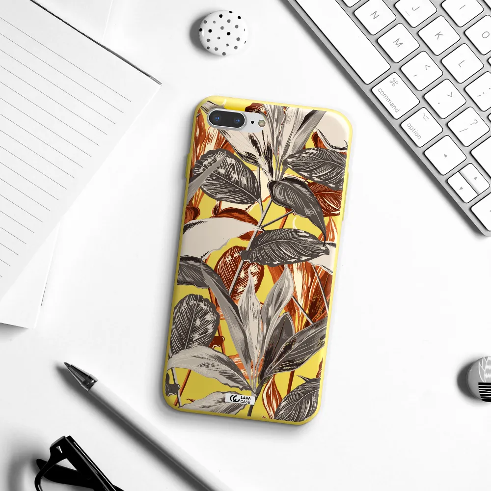 Brown Tropical Leaves Apple iPhone 7 plus Silicone canary yellow Case