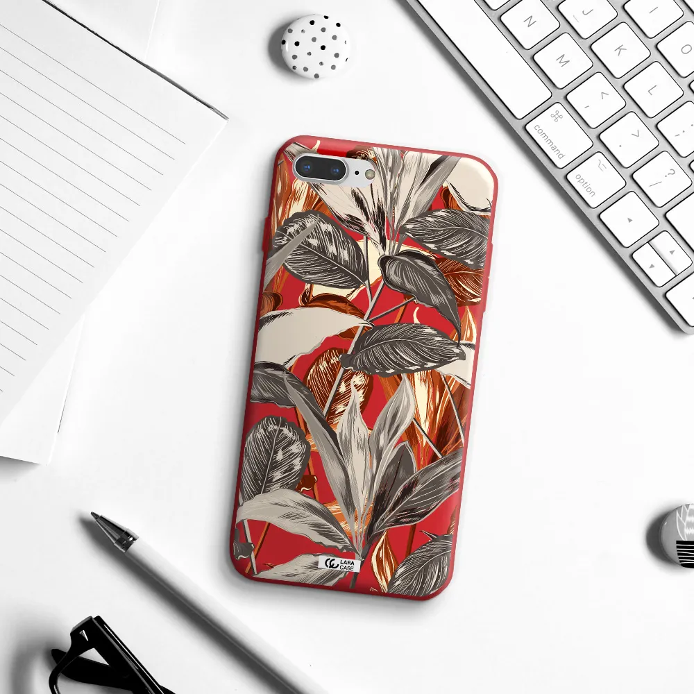 Brown Tropical Leaves Apple iPhone 7 plus Silicone Imperial Red Case