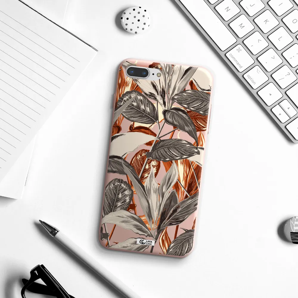 Brown Tropical Leaves Apple iPhone 7 plus Silicone pastel pink Case